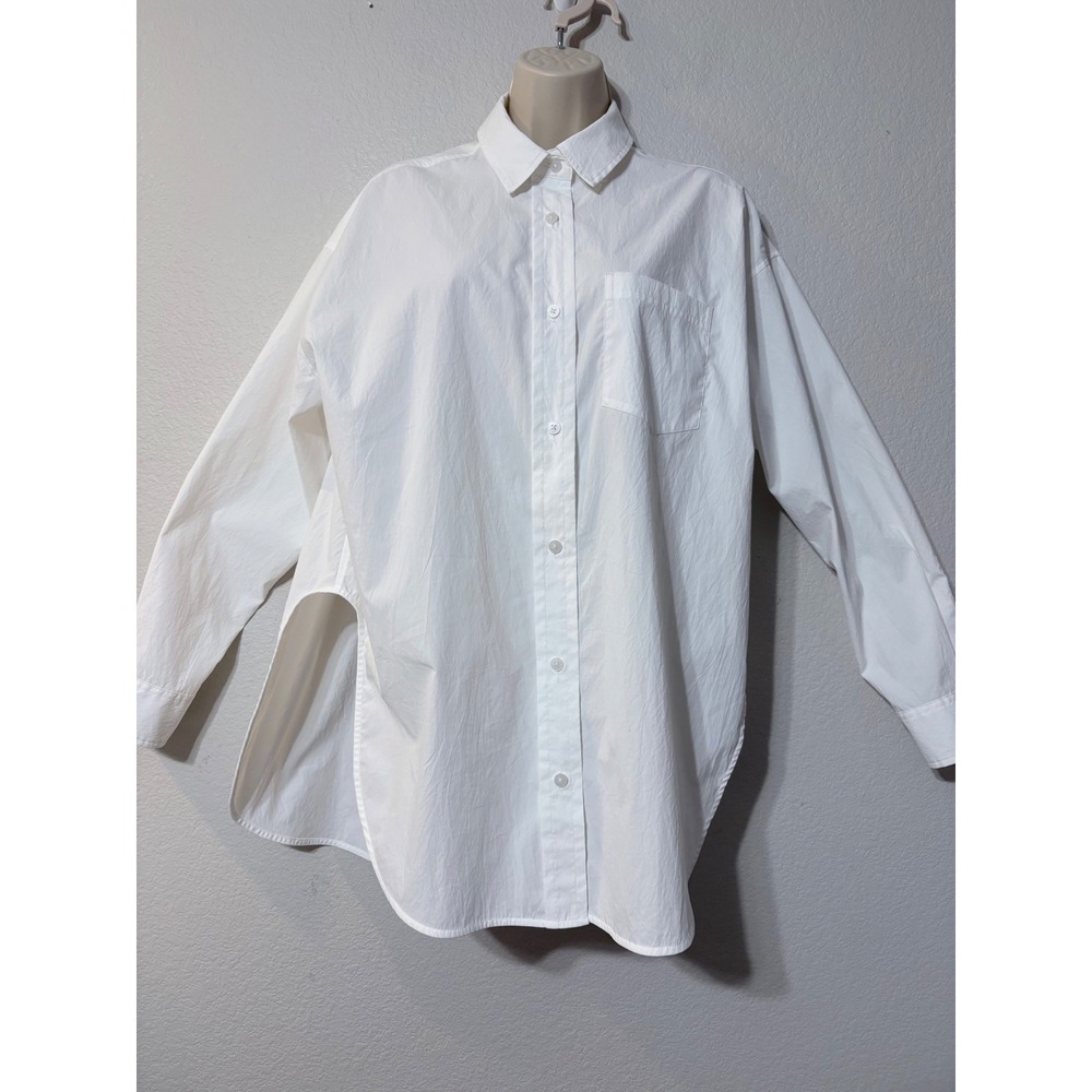 Athleta Womens White Oversized Button Down Shirt Side Slits Travel Gym Casual S